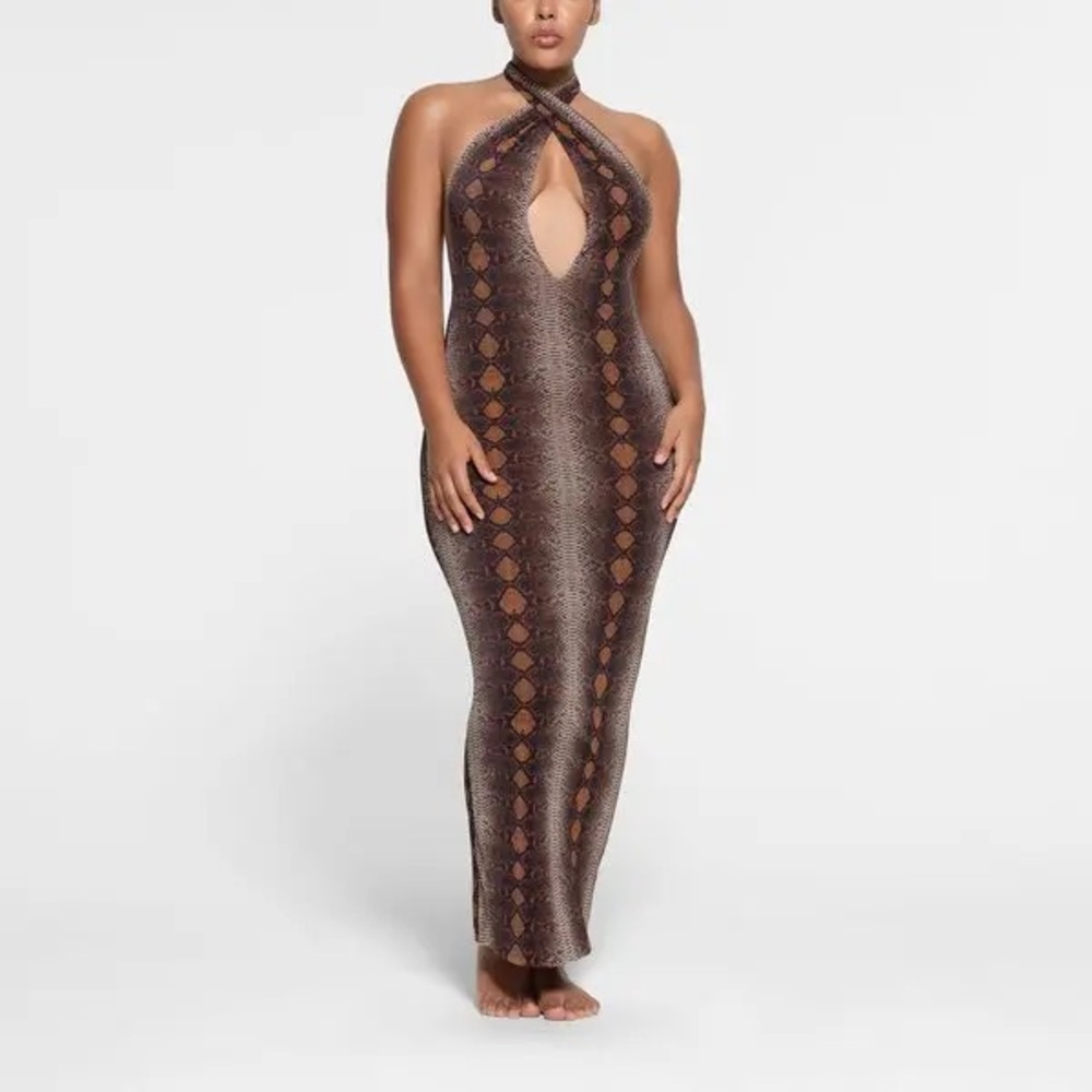 Skims Desert Print Mesh Maxi Dress Deep Plunge